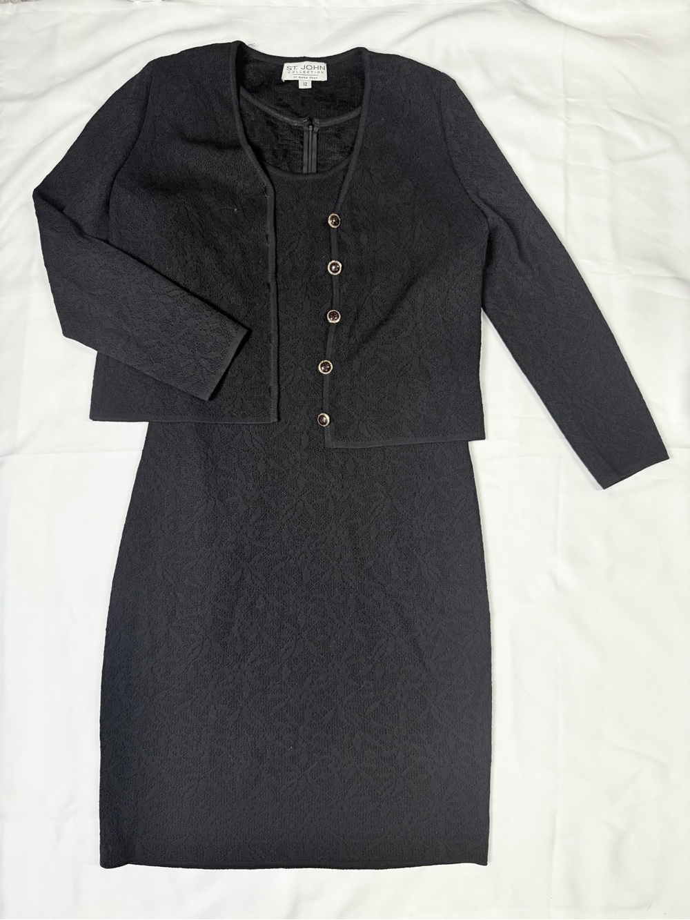 St. John Marie Gray Black Floral Knit Cardigan Dress Set Size 12